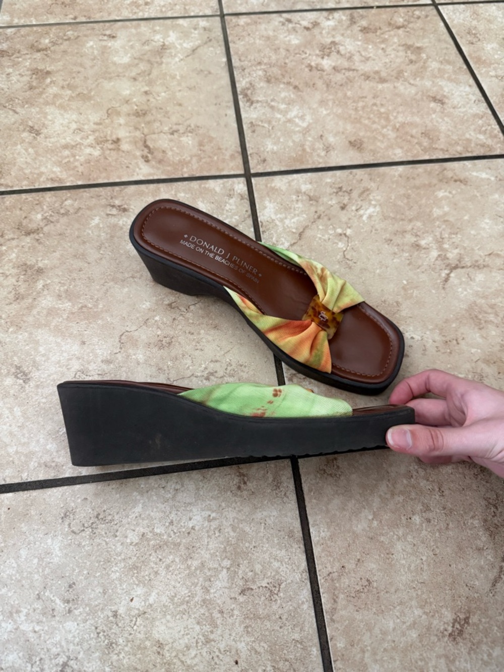 Donald J. Pliner Brown Slip-On Wedge Sandals with Green and Orange Tie-Dye - 8 - Picture 2 of 4